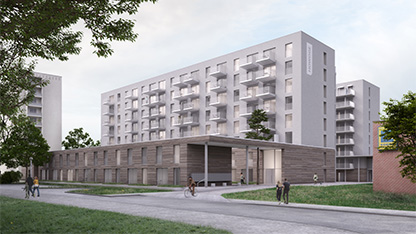 Visualsierung mit Weitsicht auf die Straße mit gehenden Menschen und der Vorderseite des Gebäudes. Der untere Teil des Gebäudes hat eine Holzfassade.